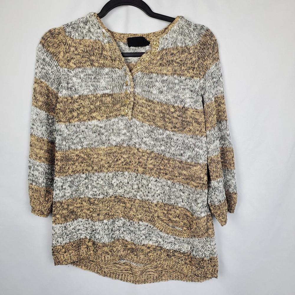 Nuggets Womens Knit Sweater Large‎ White Brown Striped Button 3/4 Sleeve